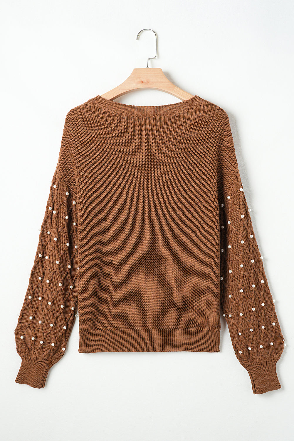 Caramel Beaded Ribbed Knit Sweater
