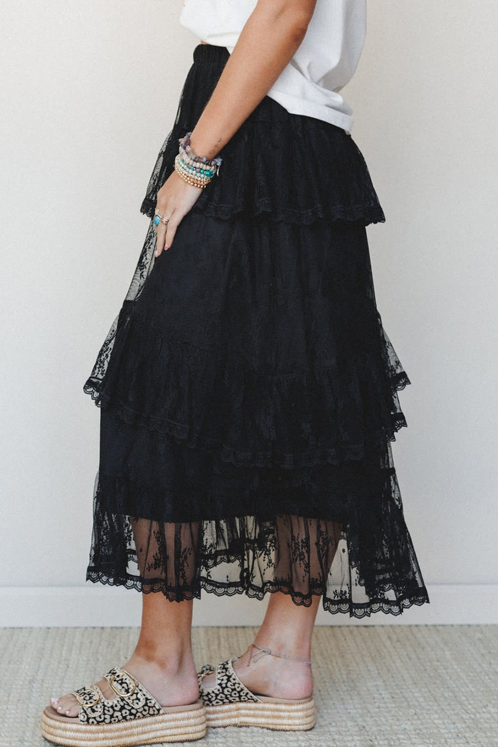 Black Tiered Lace Midi Skirt