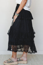 Black Tiered Lace Midi Skirt