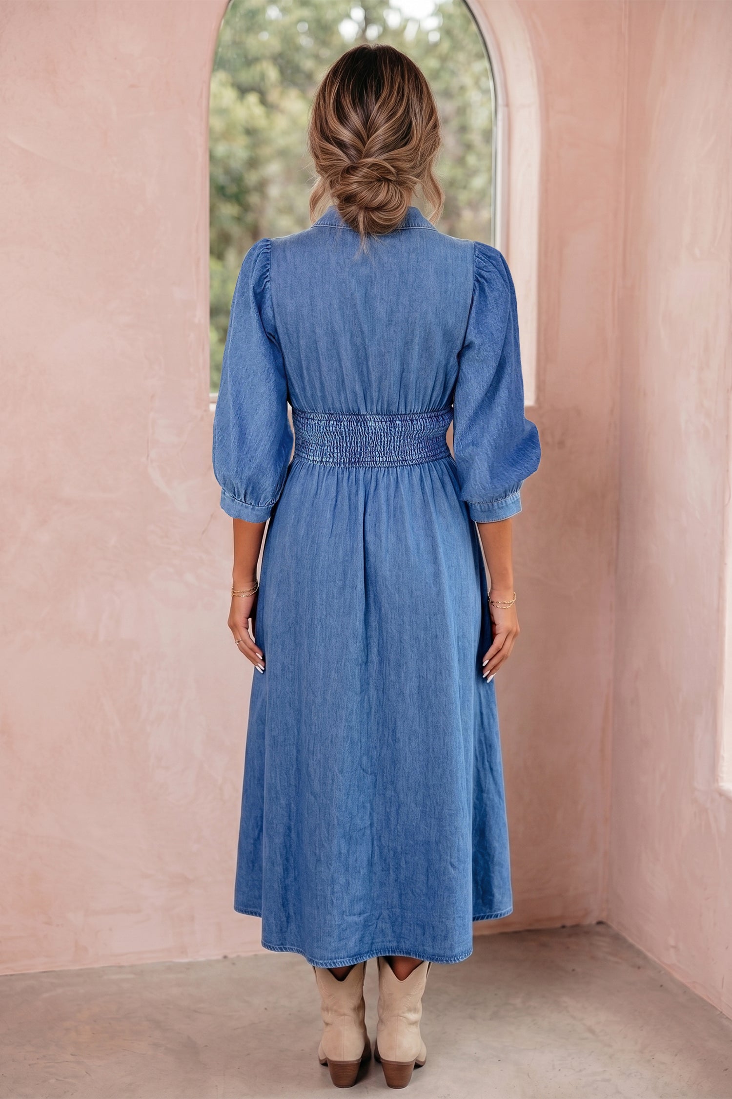 Mid Wash Denim Zip Front Midi Dress