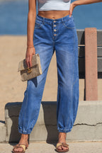 Mid Wash Button-Front Jogger Jeans