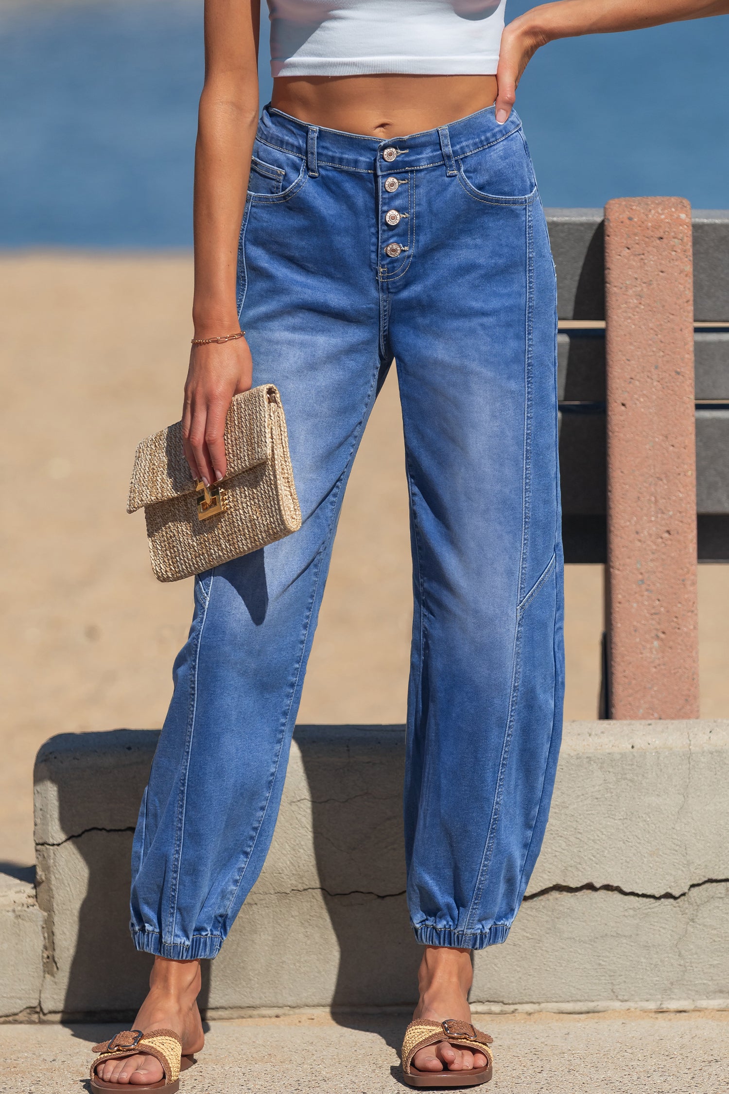 Mid Wash Button-Front Jogger Jeans