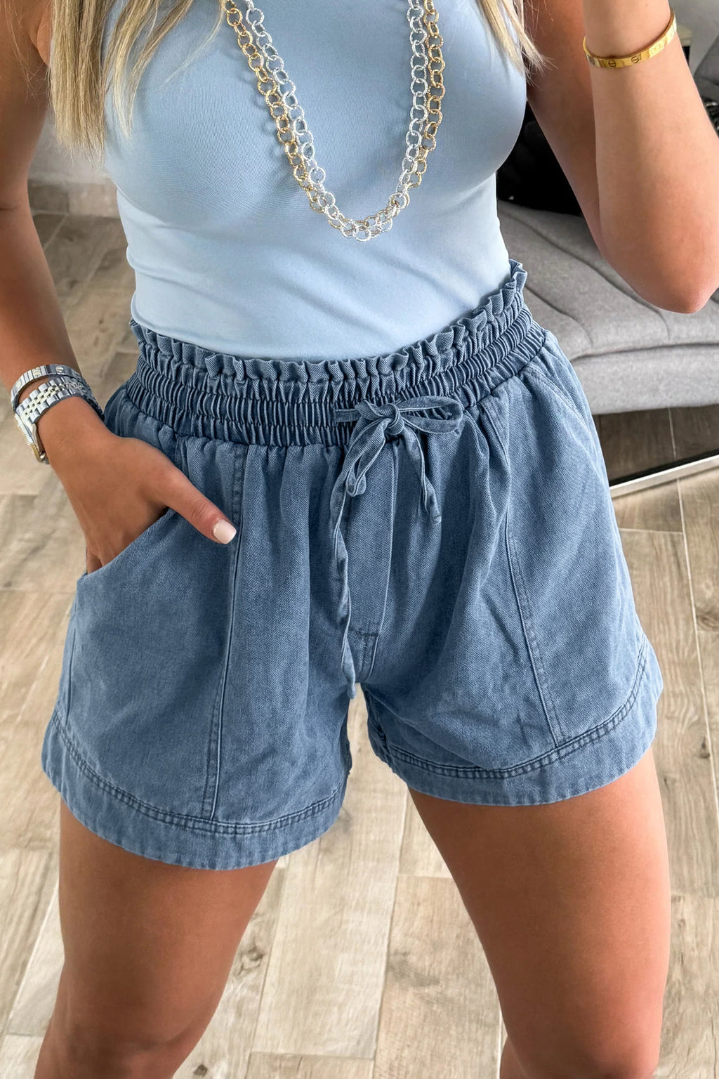 Light Wash Smocked High-Waist Denim Shorts
