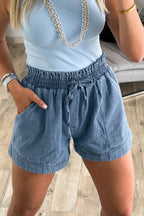 Light Wash Smocked High-Waist Denim Shorts