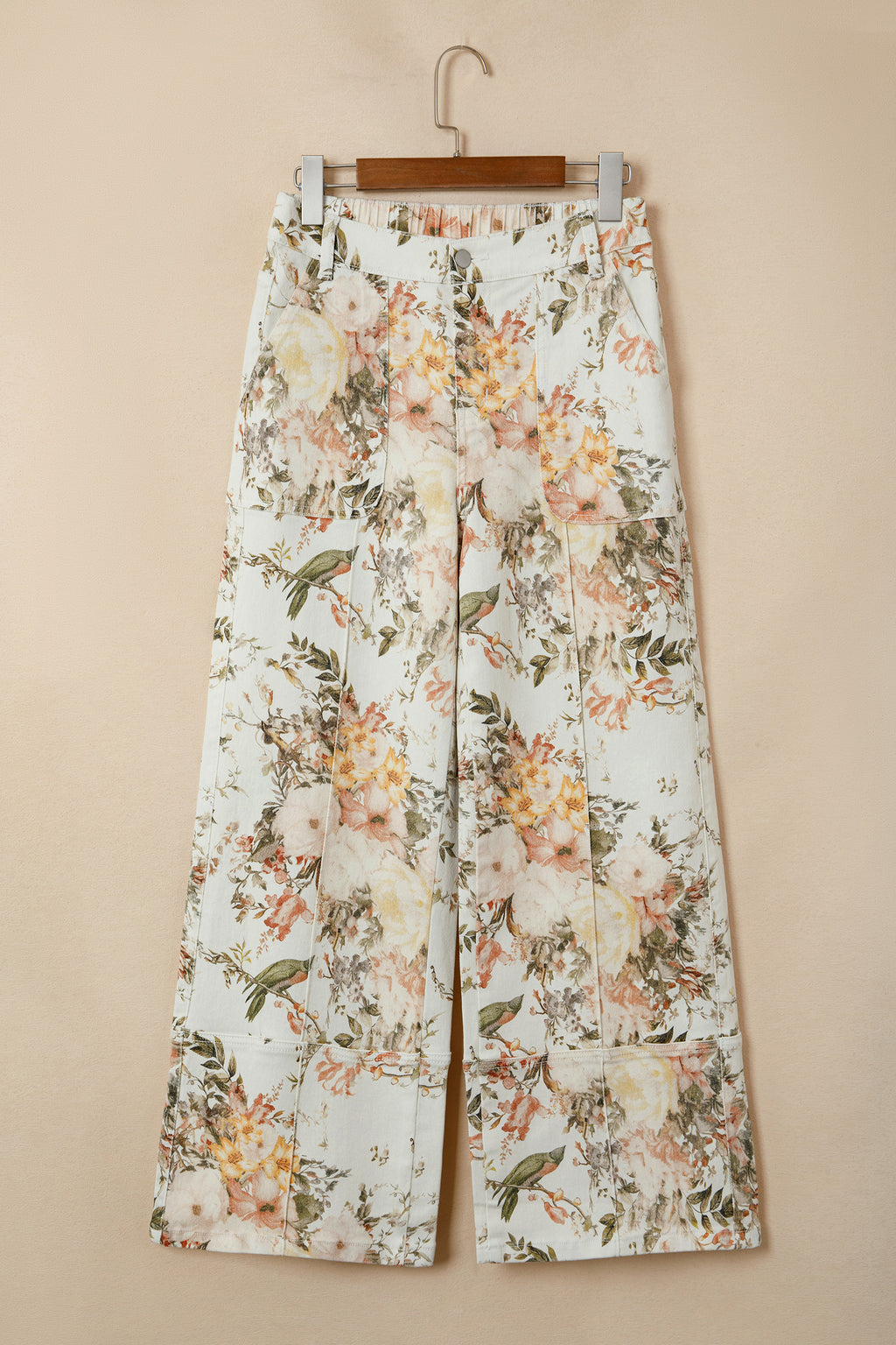Cream Botanical Wide-Leg Jeans