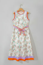 Cream Floral Print Belted Midi Dress