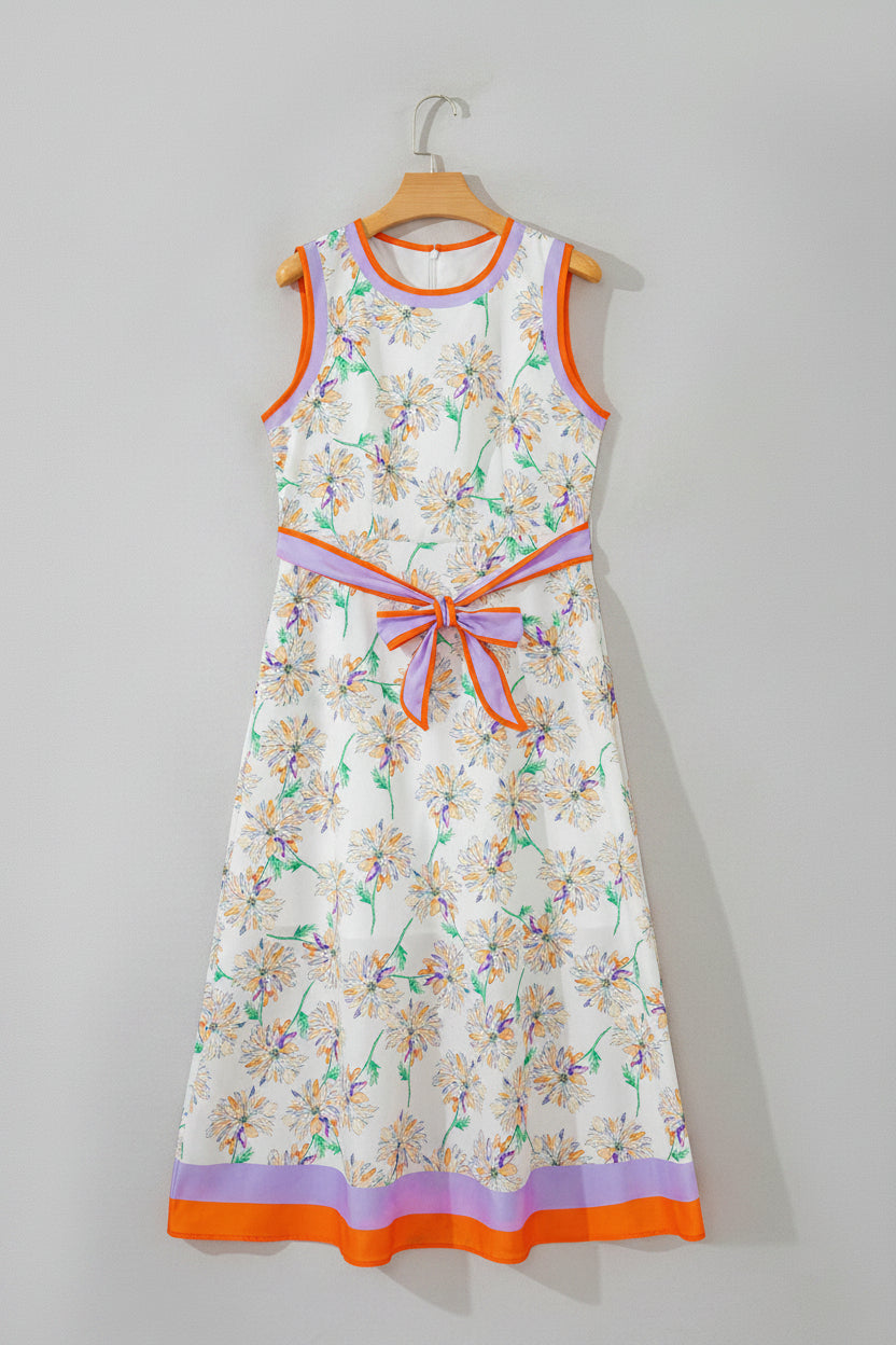 Cream Floral Print Belted Midi Dress