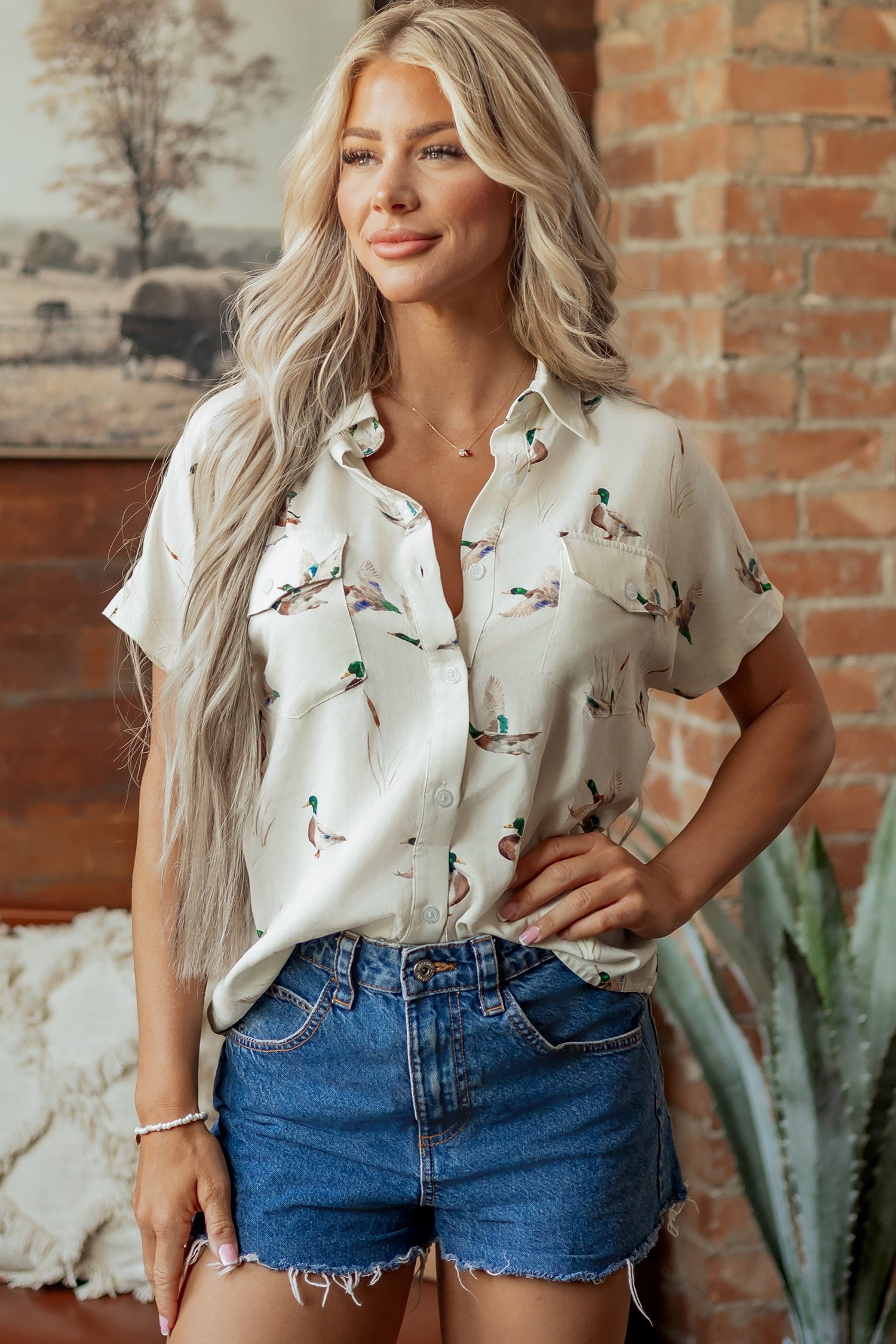 Cream Mallard Print Short Sleeve Shirt