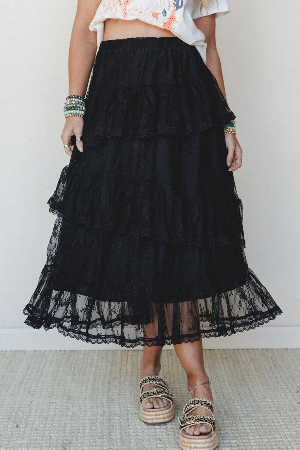 Black Tiered Lace Midi Skirt