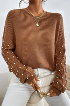 Caramel Beaded Ribbed Knit Sweater