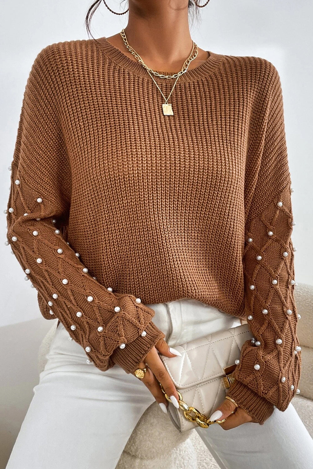 Caramel Beaded Ribbed Knit Sweater