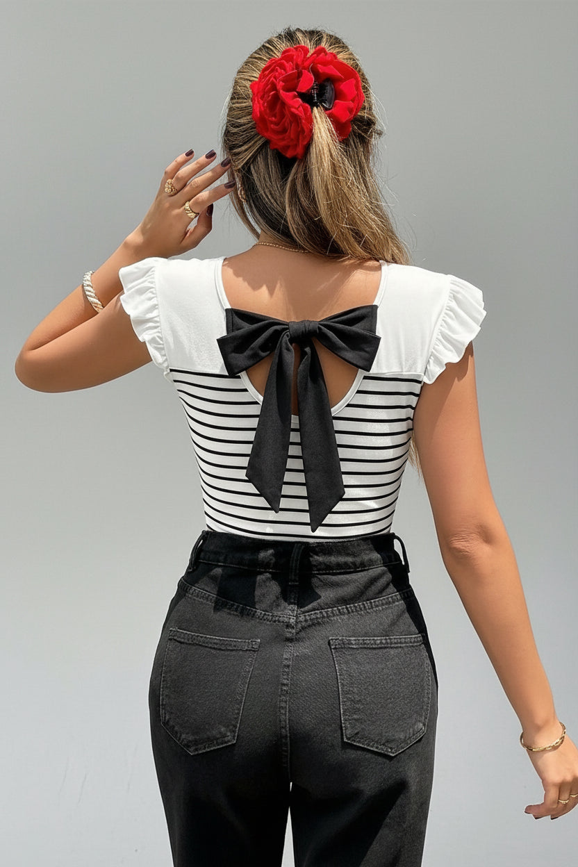 Black and White Stripe Bow Back Top
