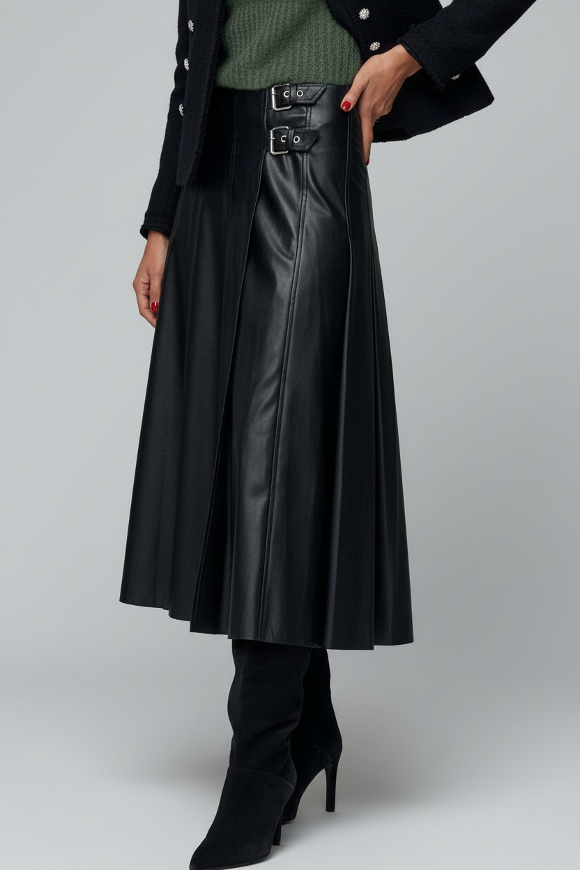 Black Double-Buckle Pleated Faux Leather Midi Skirt