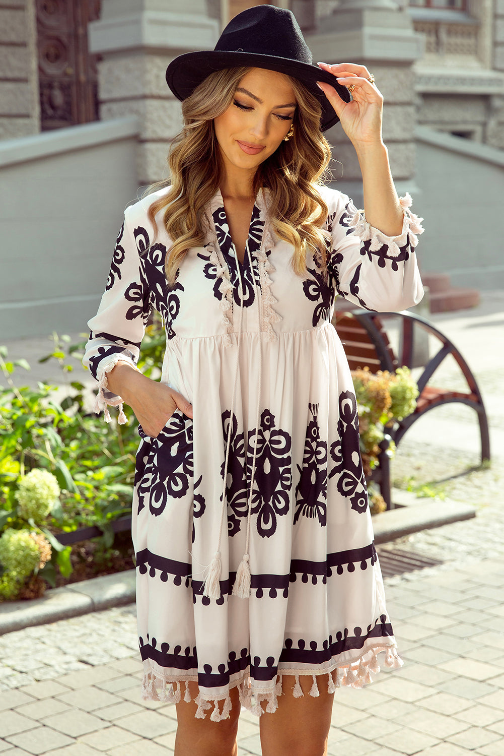 Vanilla Folk Print Tassel Trim Dress