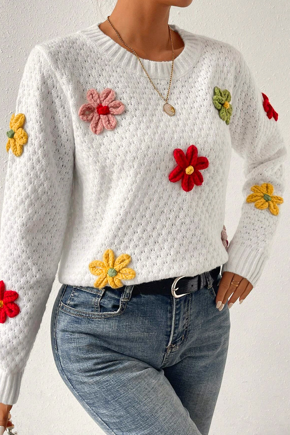White Crochet Floral Applique Knit Sweater