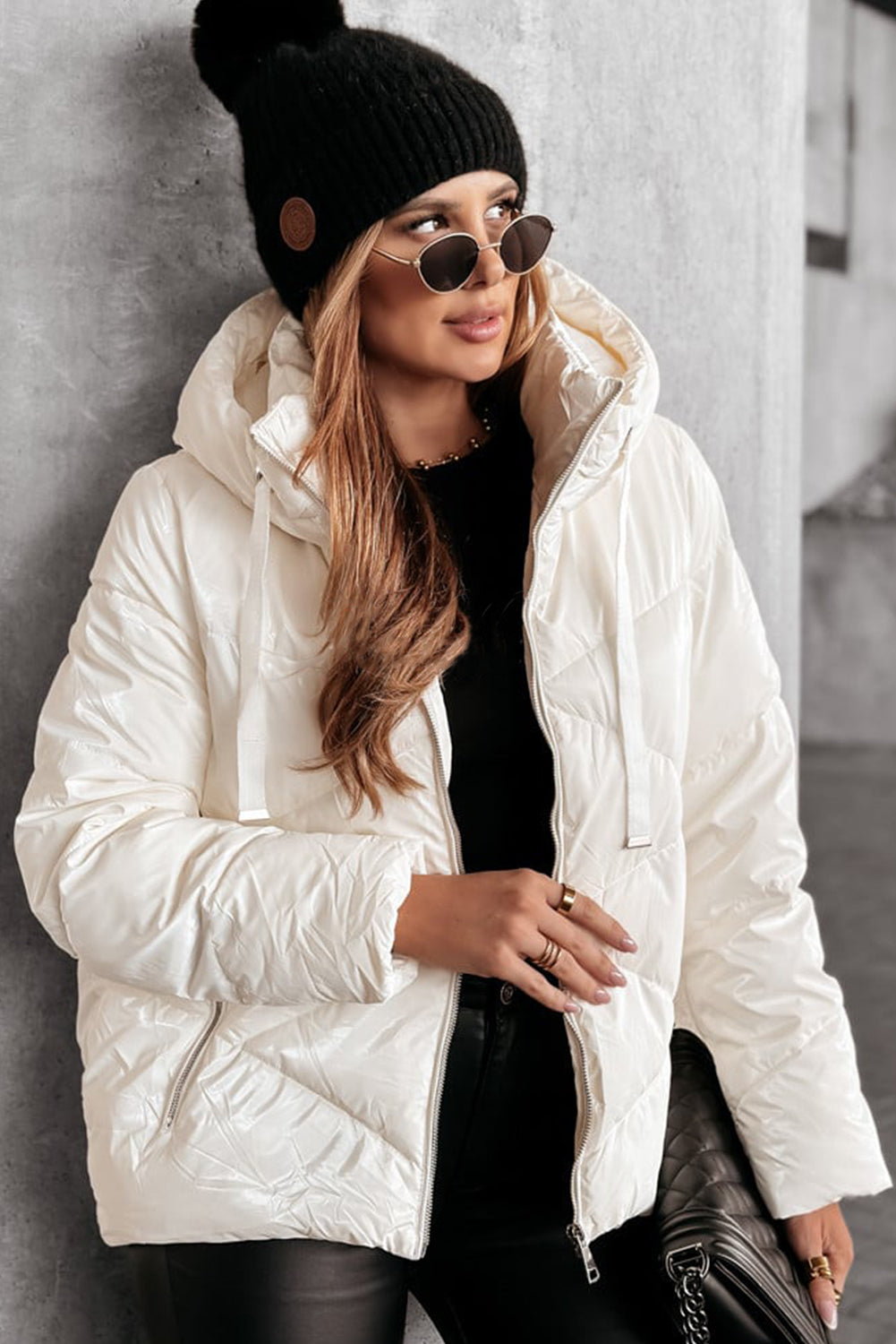 White Glossy Chevron Quilted Puffer Jacket