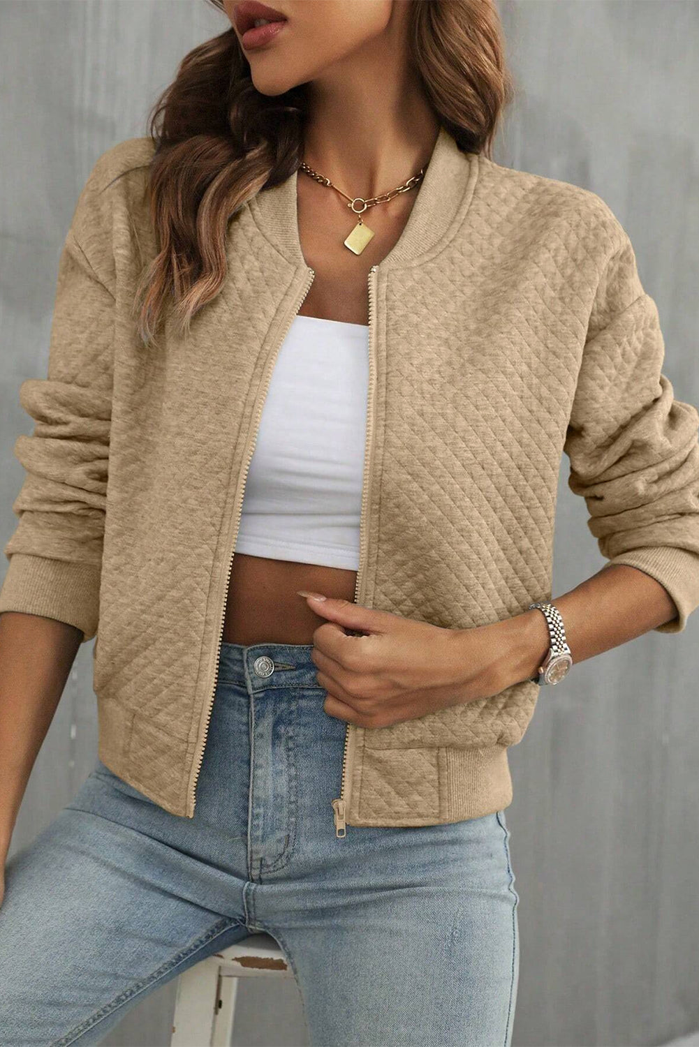 Latte Diamond Quilted Bomber Jacket