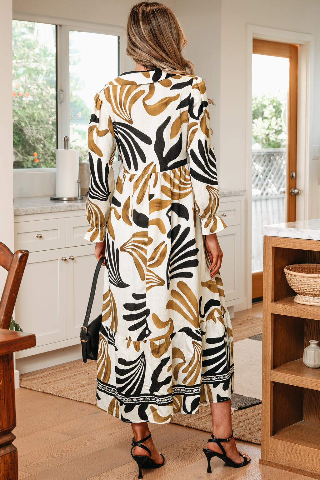 Camel Palm Print Midi Dress