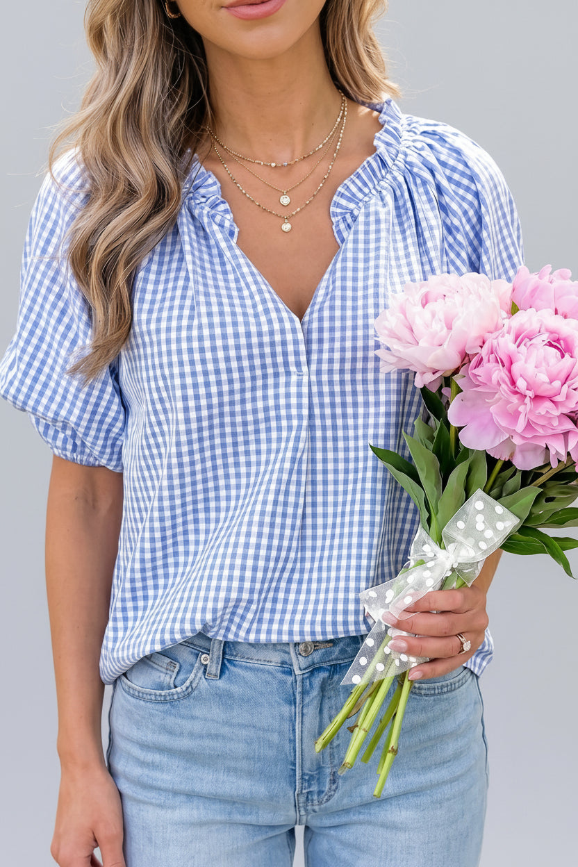 Blue Gingham Puff Sleeve Blouse