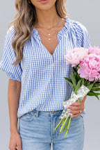 Blue Gingham Puff Sleeve Blouse