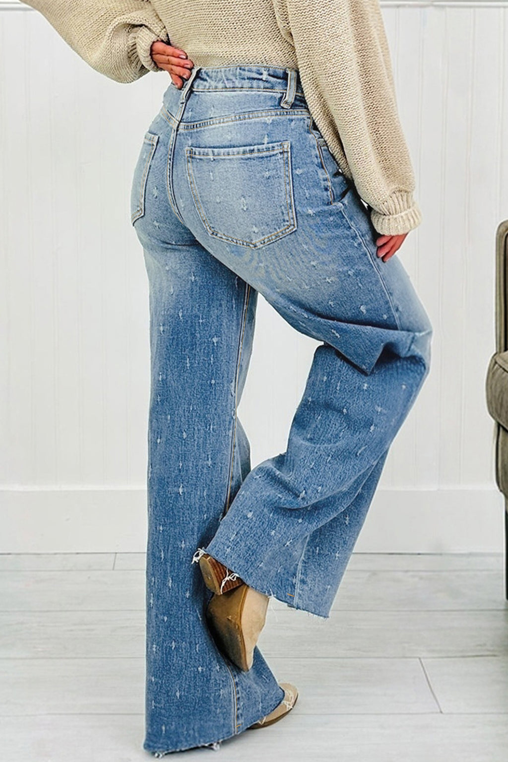 Light Wash Distressed Wide-Leg Jeans
