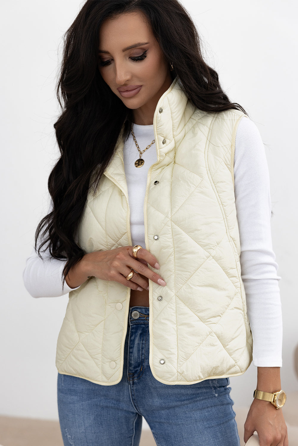 Cream Diamond Quilted Snap Vest