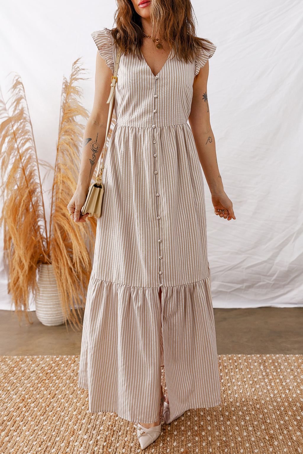 Tan and White Stripe Tiered Maxi Dress