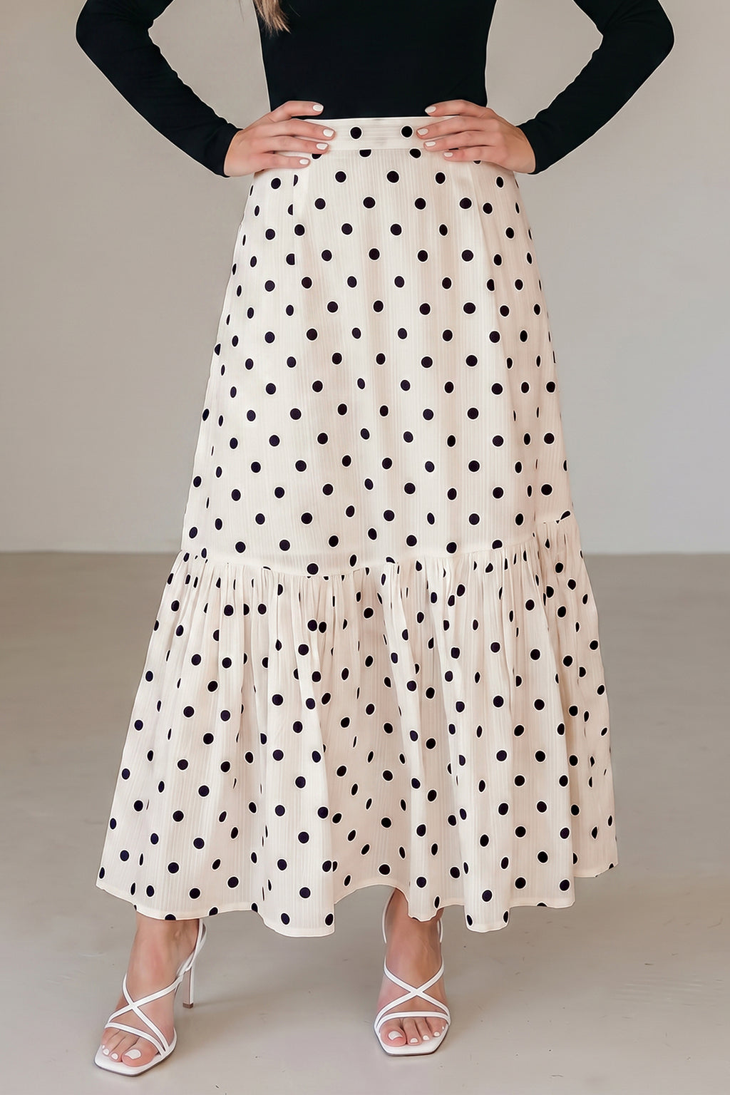 White Polka Dot Tiered Maxi Skirt