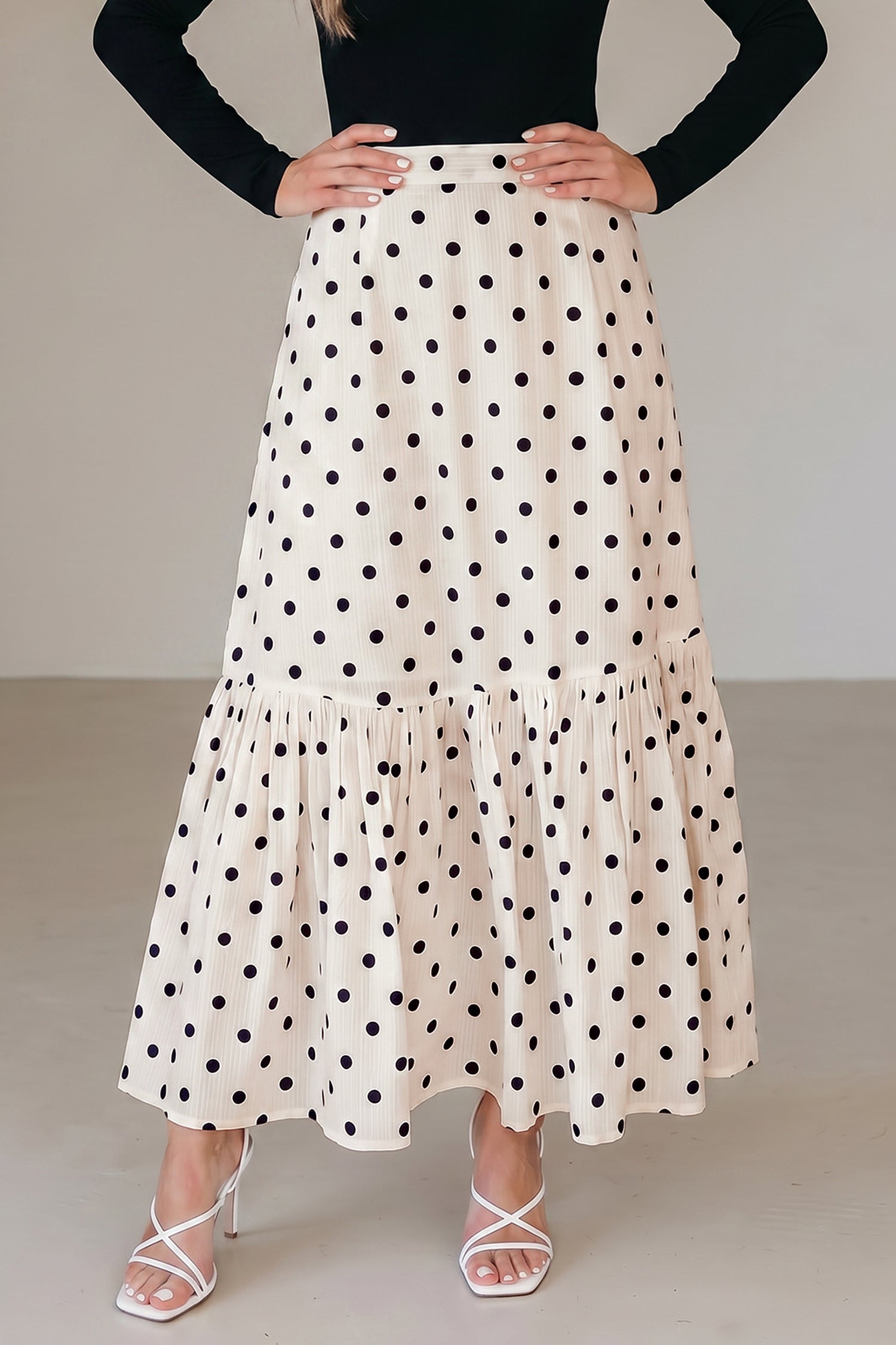 White Polka Dot Tiered Maxi Skirt