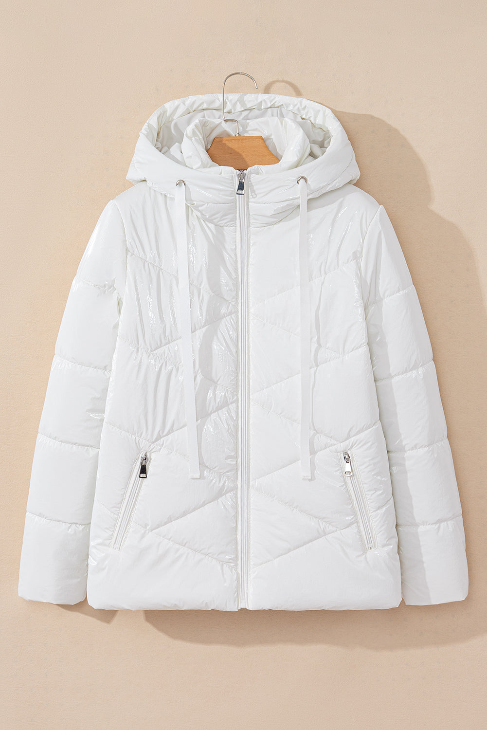 White Glossy Chevron Quilted Puffer Jacket