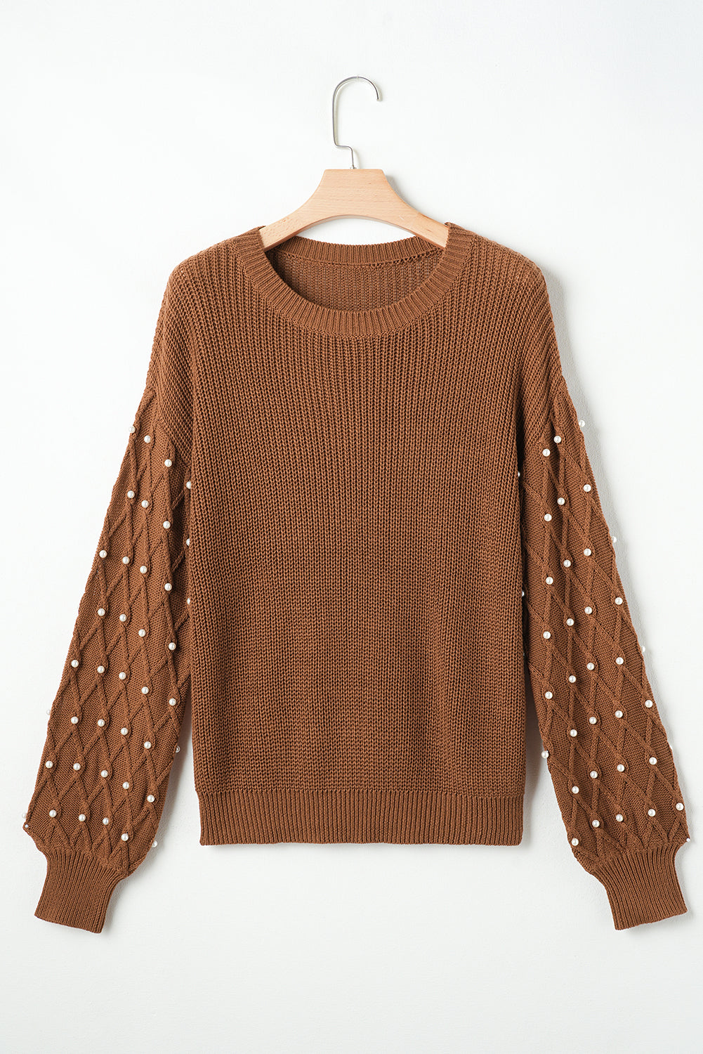 Caramel Beaded Ribbed Knit Sweater