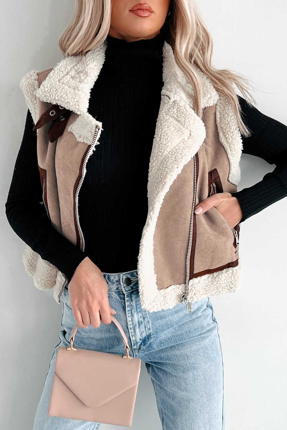 Almond Faux Shearling Aviator Vest