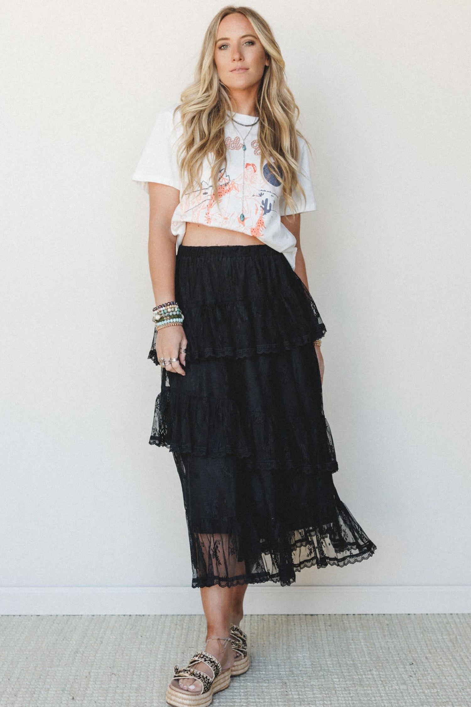 Black Tiered Lace Midi Skirt