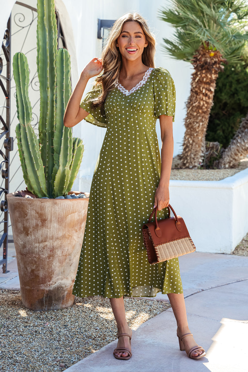 Olive Polka Dot Lace Trim Midi Dress