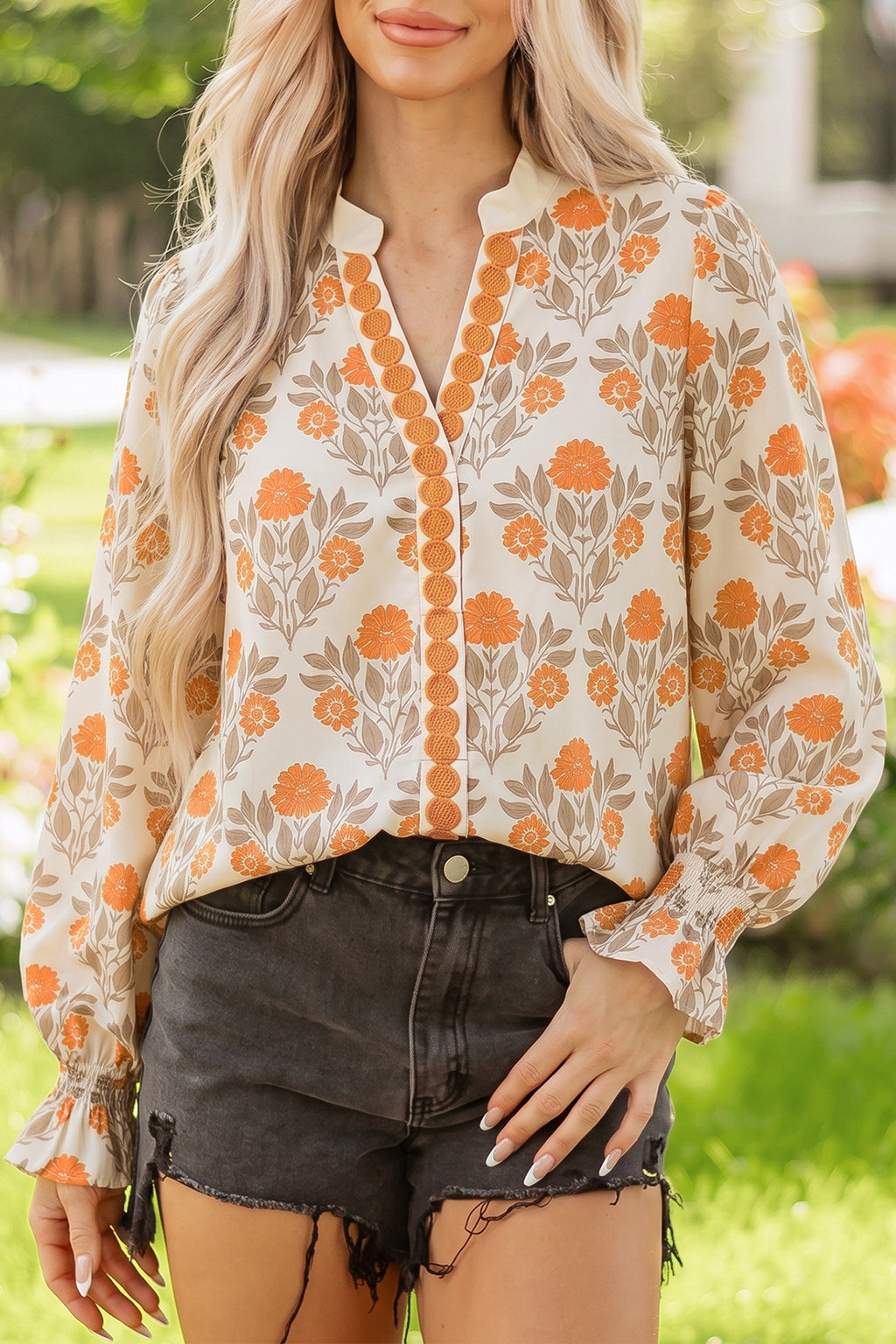 Vanilla Marigold Floral Ruffle Cuff Blouse