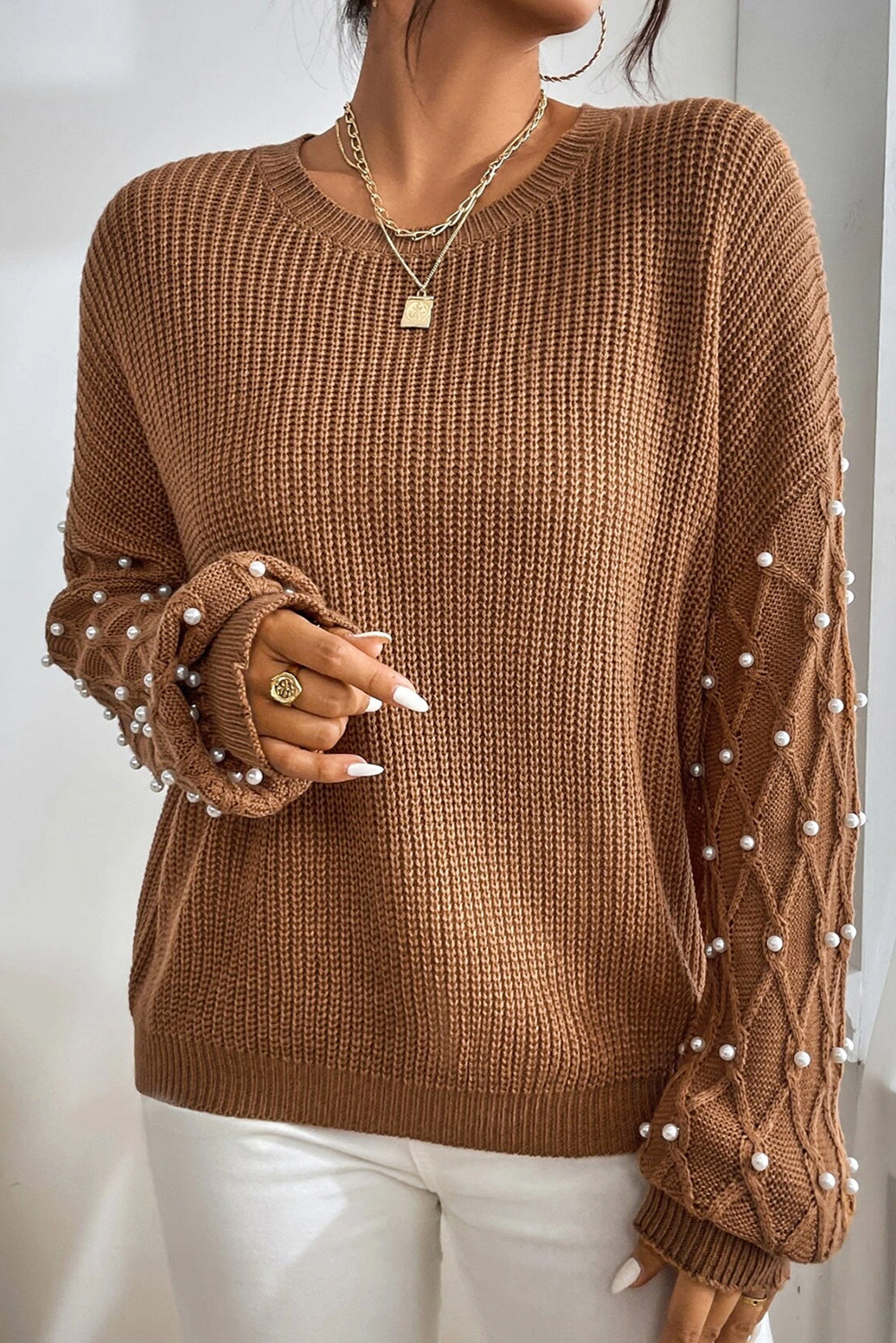 Caramel Beaded Ribbed Knit Sweater