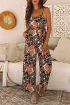 Black Peacock Print Belted Jumpsuit