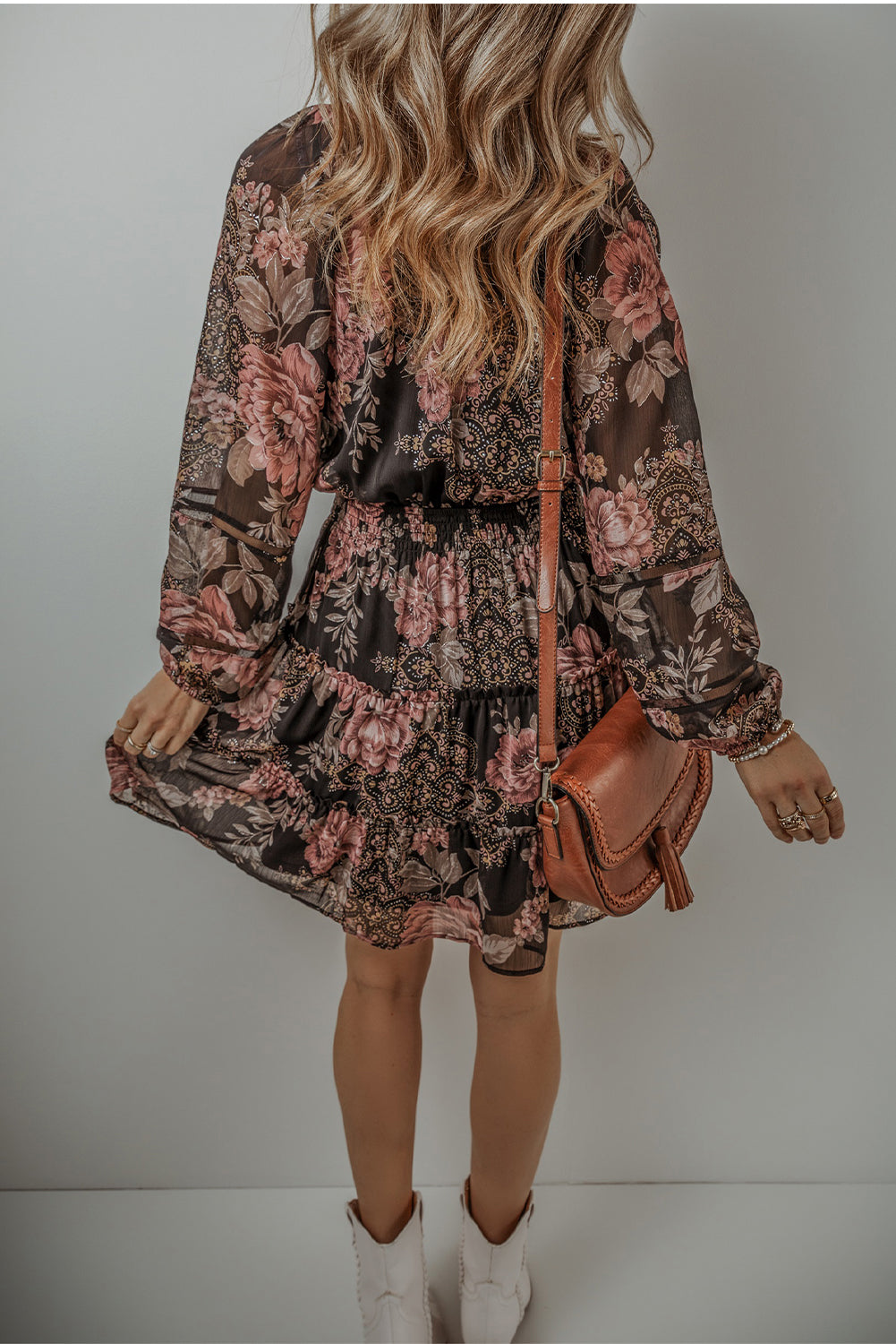 Black Rosewood Floral Tiered Mini Dress