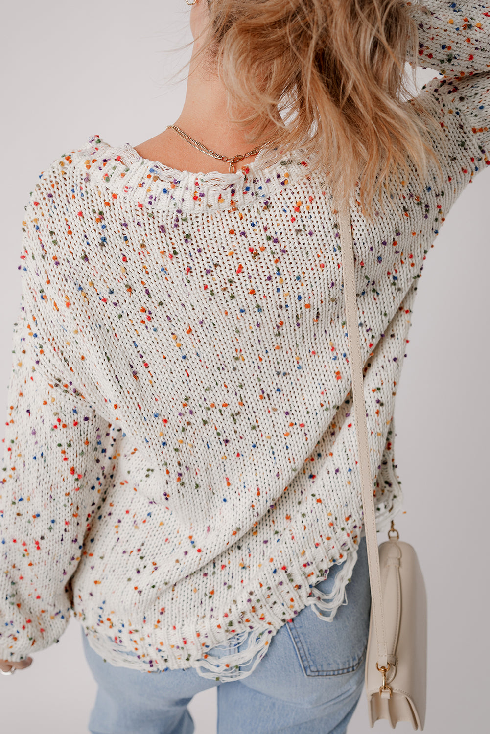 Cream Confetti Distressed Knit Sweater