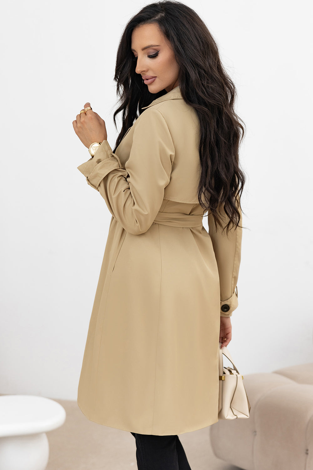 Latte Notched-Lapel Belted Trench Coat