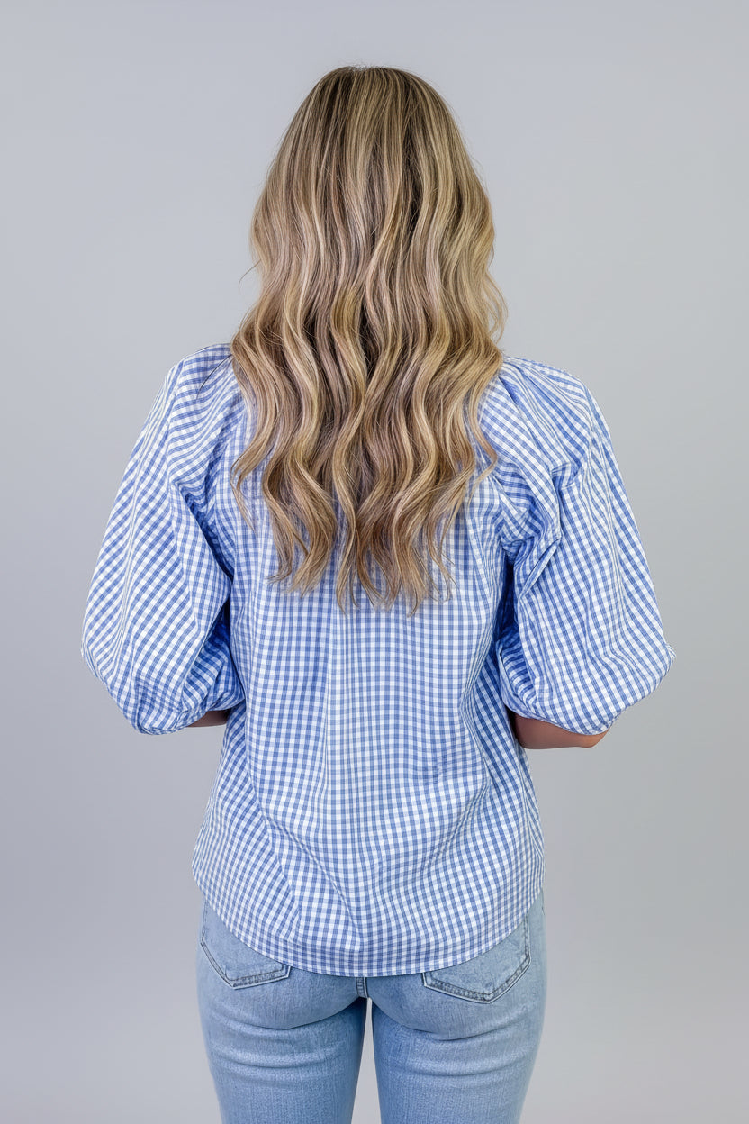 Blue Gingham Puff Sleeve Blouse