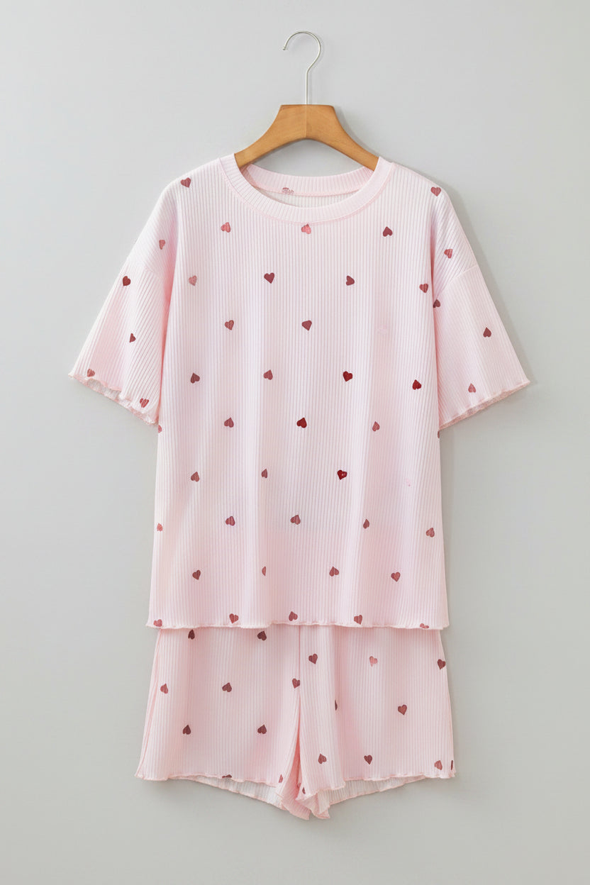 Blush Heart Print Ribbed Lounge Set