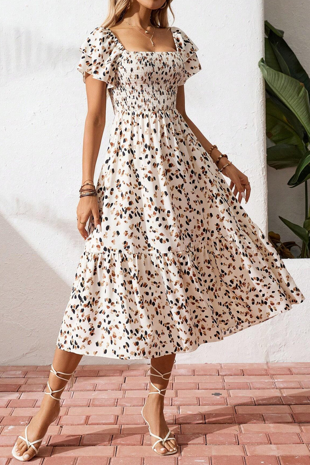 Vanilla Dalmatian Print Shirred Midi Dress