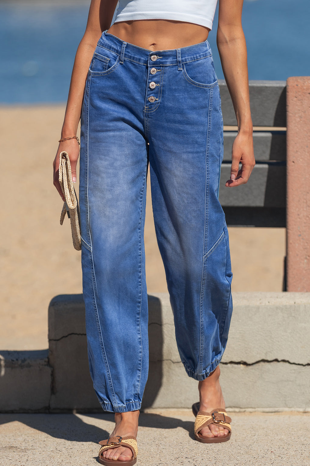 Mid Wash Button-Front Jogger Jeans