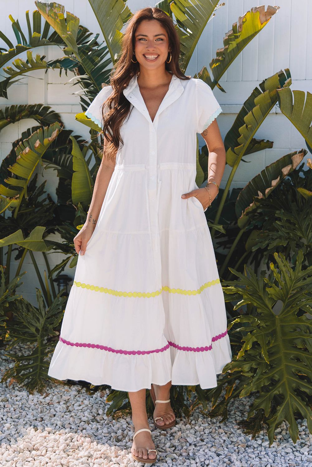 White Rickrack Trim Tiered Maxi Dress