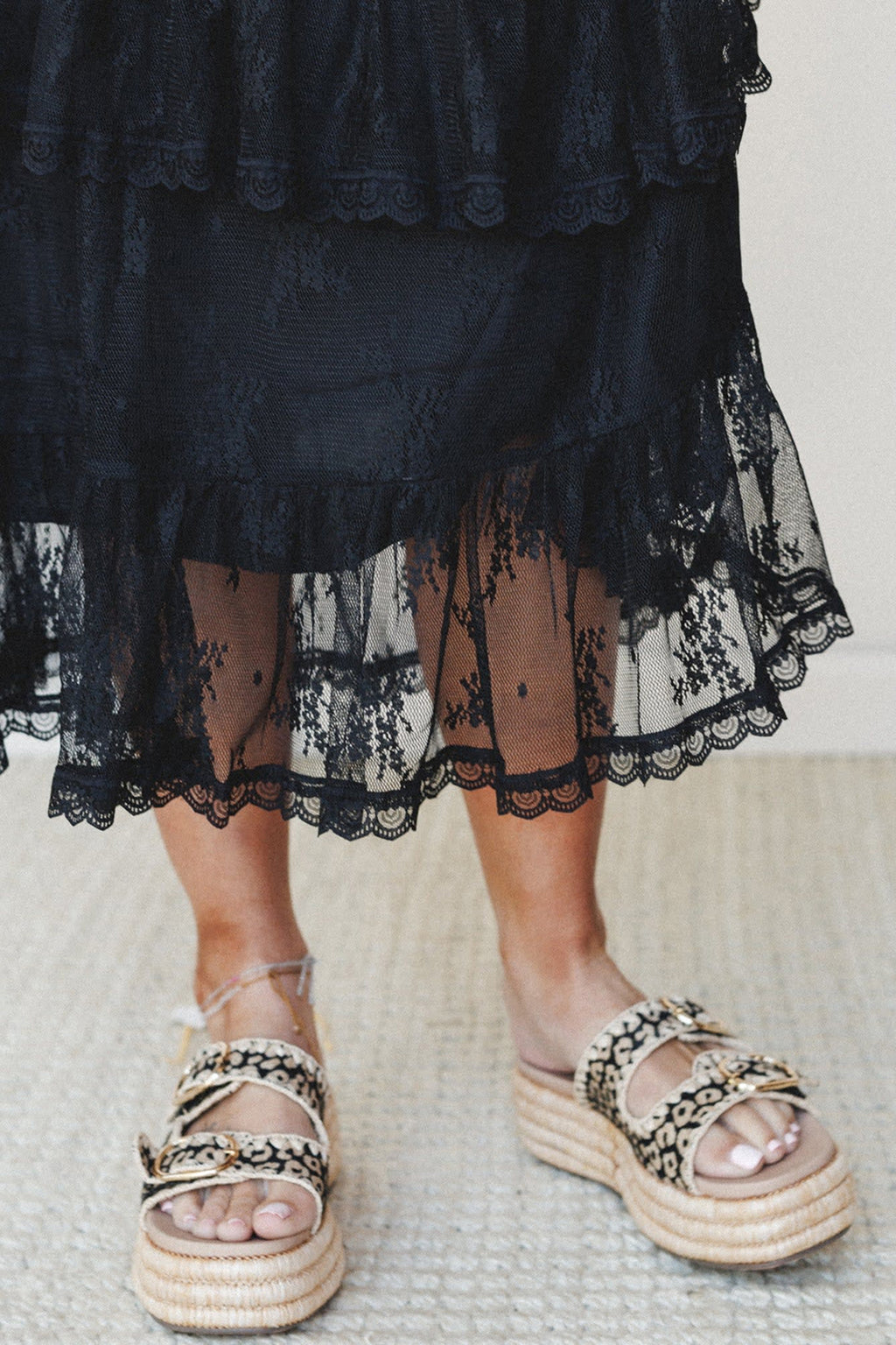 Black Tiered Lace Midi Skirt