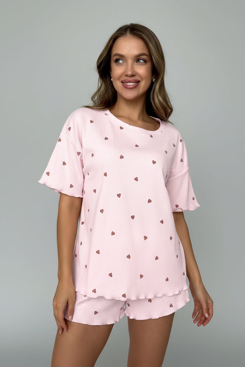 Blush Heart Print Ribbed Lounge Set
