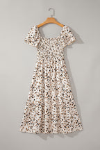 Vanilla Dalmatian Print Shirred Midi Dress