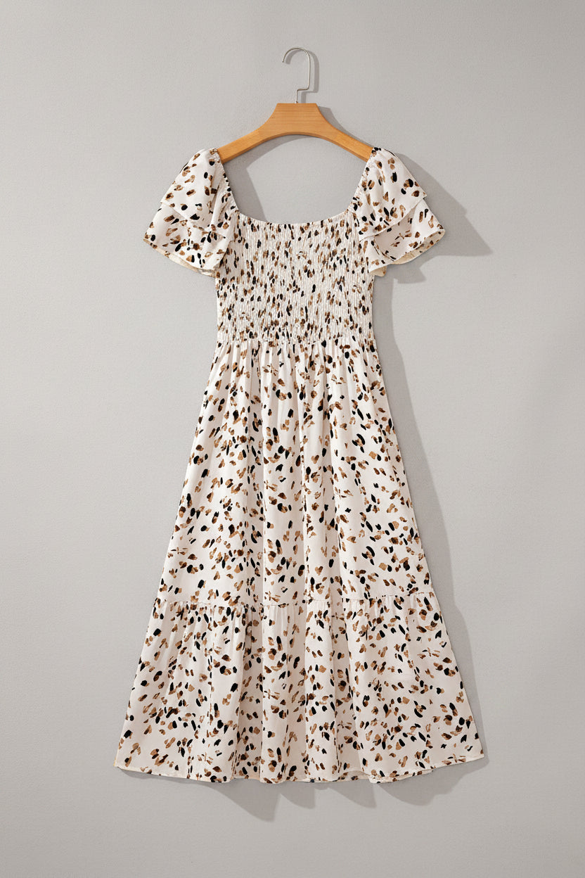 Vanilla Dalmatian Print Shirred Midi Dress