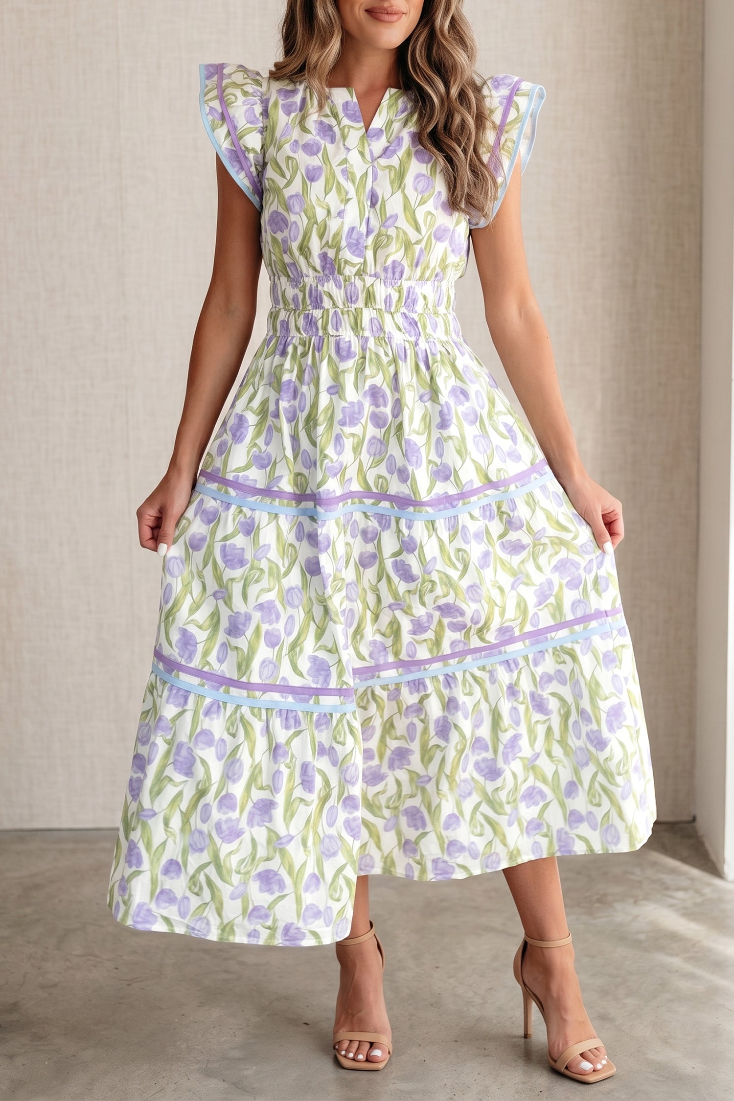 Lavender Tulip Print Midi Dress